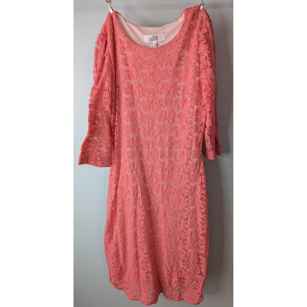 Belle Badgley Mischka Lace Sheath Dress Womens Size 6‎ Coral Pink 3/4 Slv